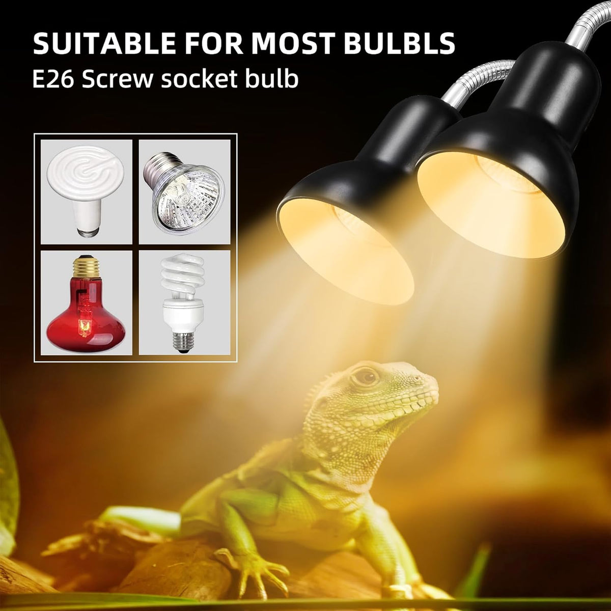 Reptile Heat Lamp, Turtle Lamp with Cycle Timer,Dual-Head UVA UVB, Heat Lamp for Lizard Reptiles,Bearded Dragon Hermit Crab Snake Turtle Basking Light, Separate Control Heat Lamp Bulb