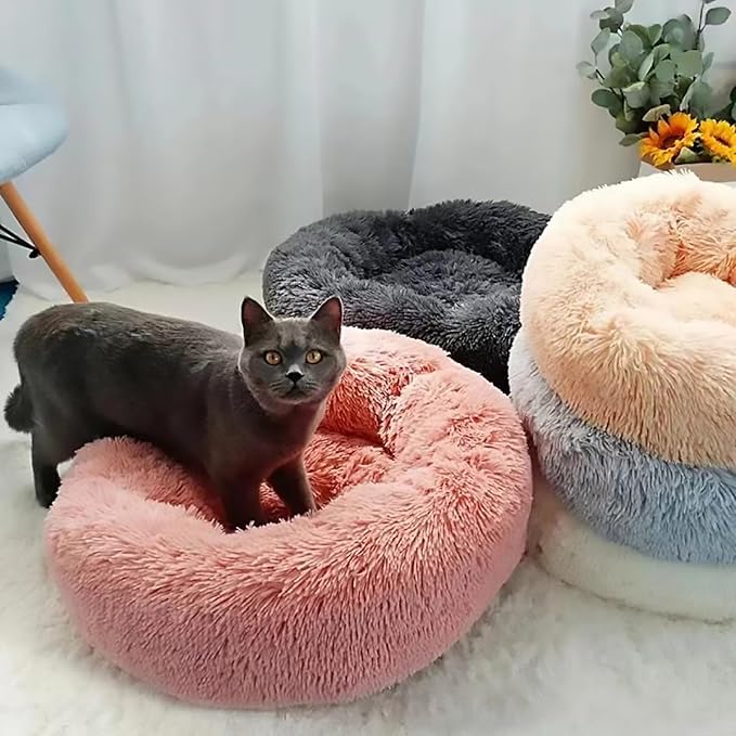 Calming Dog Bed for Small Dogs, Calming Donut Cuddler Pet Bed Anti Anxiety Round Dog Bed Fluffy Plush Faux Fur Cat Bed,Pink,27.5IN