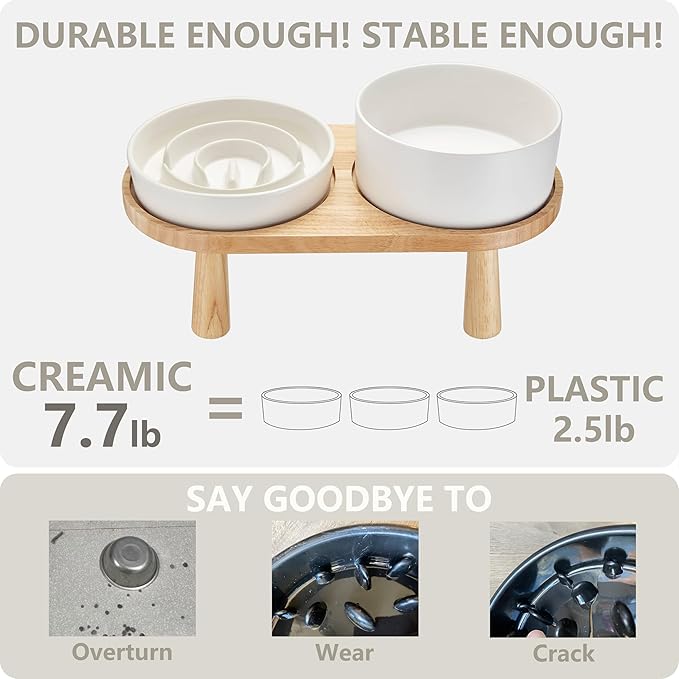 Ceramic Slow Feeder and Water Bowl Set for Medium and Large Dogs, Ceramic Dog Bowls Elevated with Wooden Stand, 2.0 Cups Dog Slow Feeder(30oz) and 70oz Water Bowl Set, White