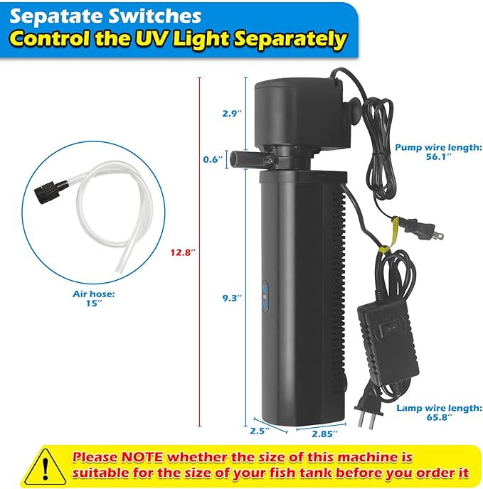 Aquarium Filter for 40-150 Gallon Tank, U-V Fish Tank Green Clean Machine Submersible Powerful Pump Canister Filter 400GPH for Pond Turtle Tank Saltwater Freshwater Crystal Clear Green Killing