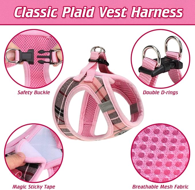 EXPAWLORER Classic Plaid Puppy Harness - Large Dog Collar and Leash - Soft Mesh Padded Adjustable Dog Vest Harness No Pull, Reflective Escape Proof for Outdoor Walking, Pink Large