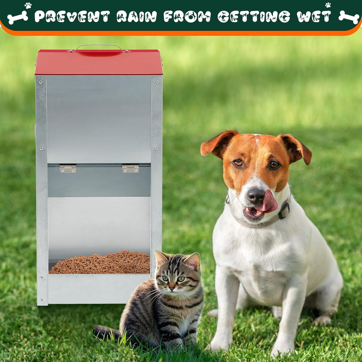 2 Pcs 15 Lbs Large Automatic Dog Feeders with Handle Acrylic Panel Galvanized Gravity Feeder Outdoor Hanging for Doggie Breed Dog Food Dispenser Container(Red)