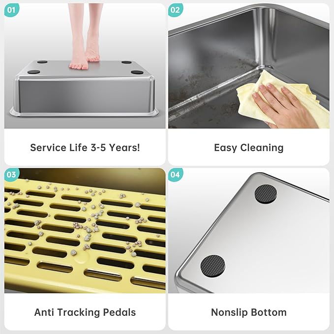 Stainless Steel Litter Box with High Side, XXL Extra Large Cat Litter Box for Big Cats & Multiple Cats, Non-Sticky, No Urine Leakage, Easy Clean Cat Litter Pan Include Scoop