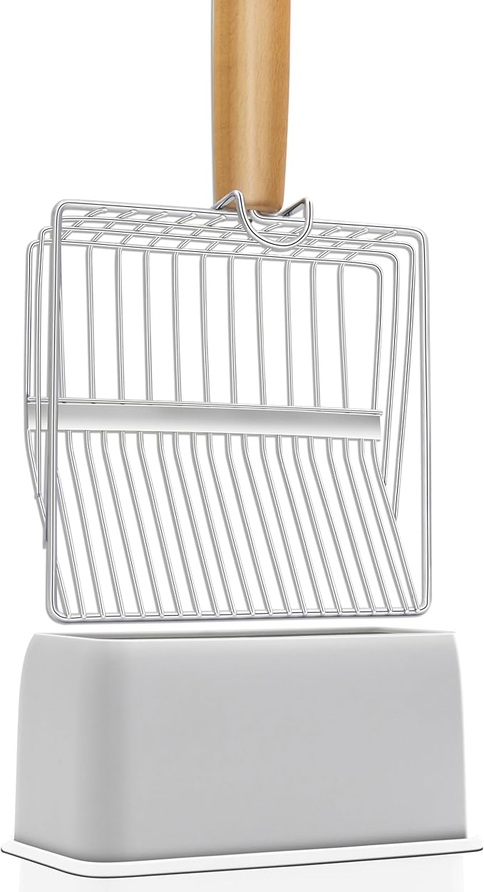 UFECODO Fast Sifting Cat Litter Scoop with Holder Stand, 2 Widths of Slots Stainless Steel Poop Scooper with Ergonomic Wood Handle, Heavy Duty and Easy Clean