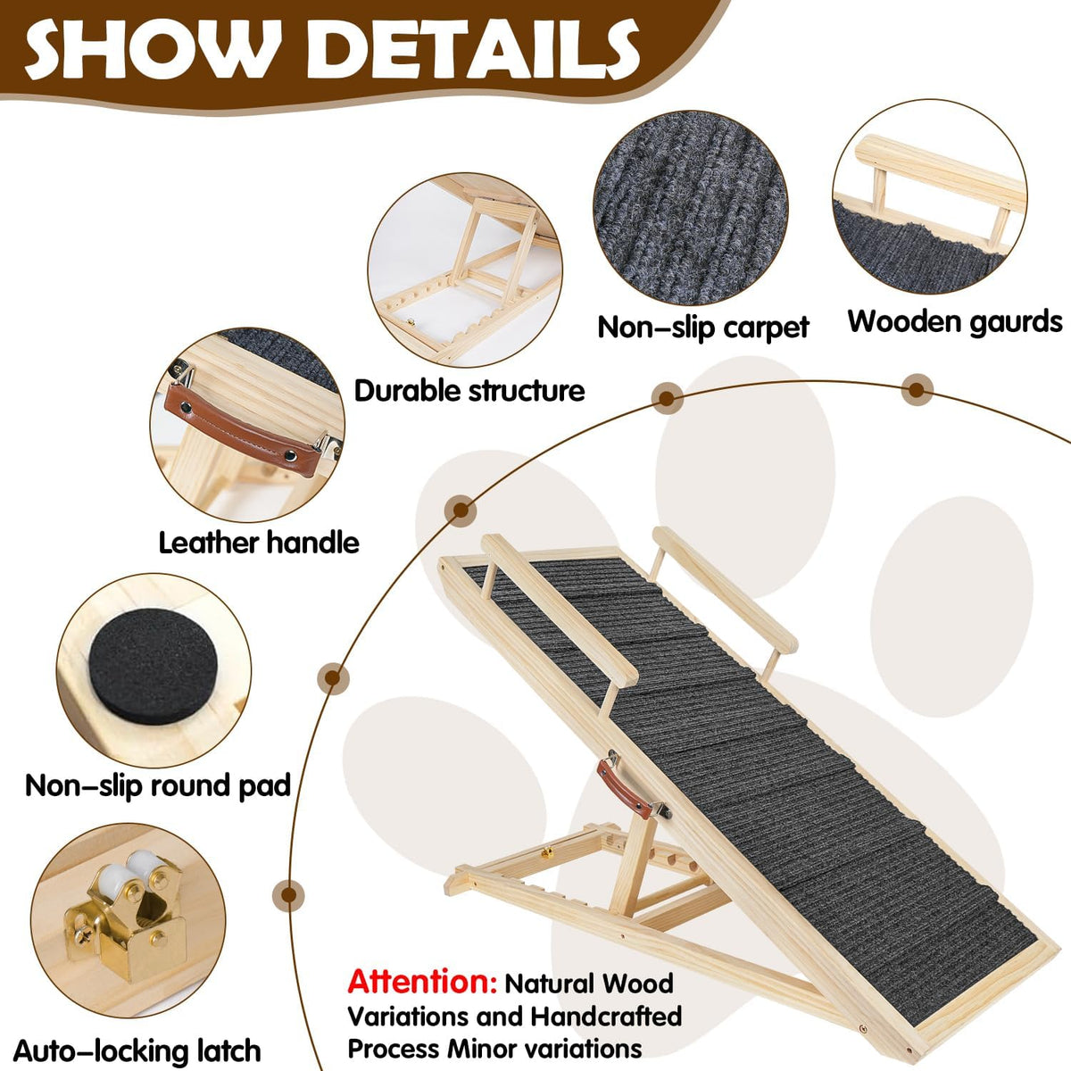 Dog Ramp for Couch, Bed or Car, Wooden 44" Long Pet Stairs for Small & Large Old Dogs & Cats, Hold up to 200lb, 5 Adjustable Height from 14.96" to 22", Portable Doggie Steps, Excellent Traction