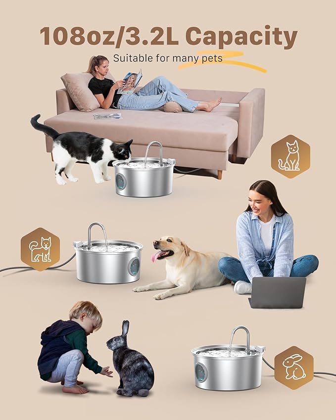 Cat Fountains for Drinking Stainless Steel: 108oz/3.2L Cat Water Fountain Led Light - Running Pet Water Fountain Filtered - GIOTOHUN Faucet Like Pet Water Fountains for Cats Indoor with 9 Filters