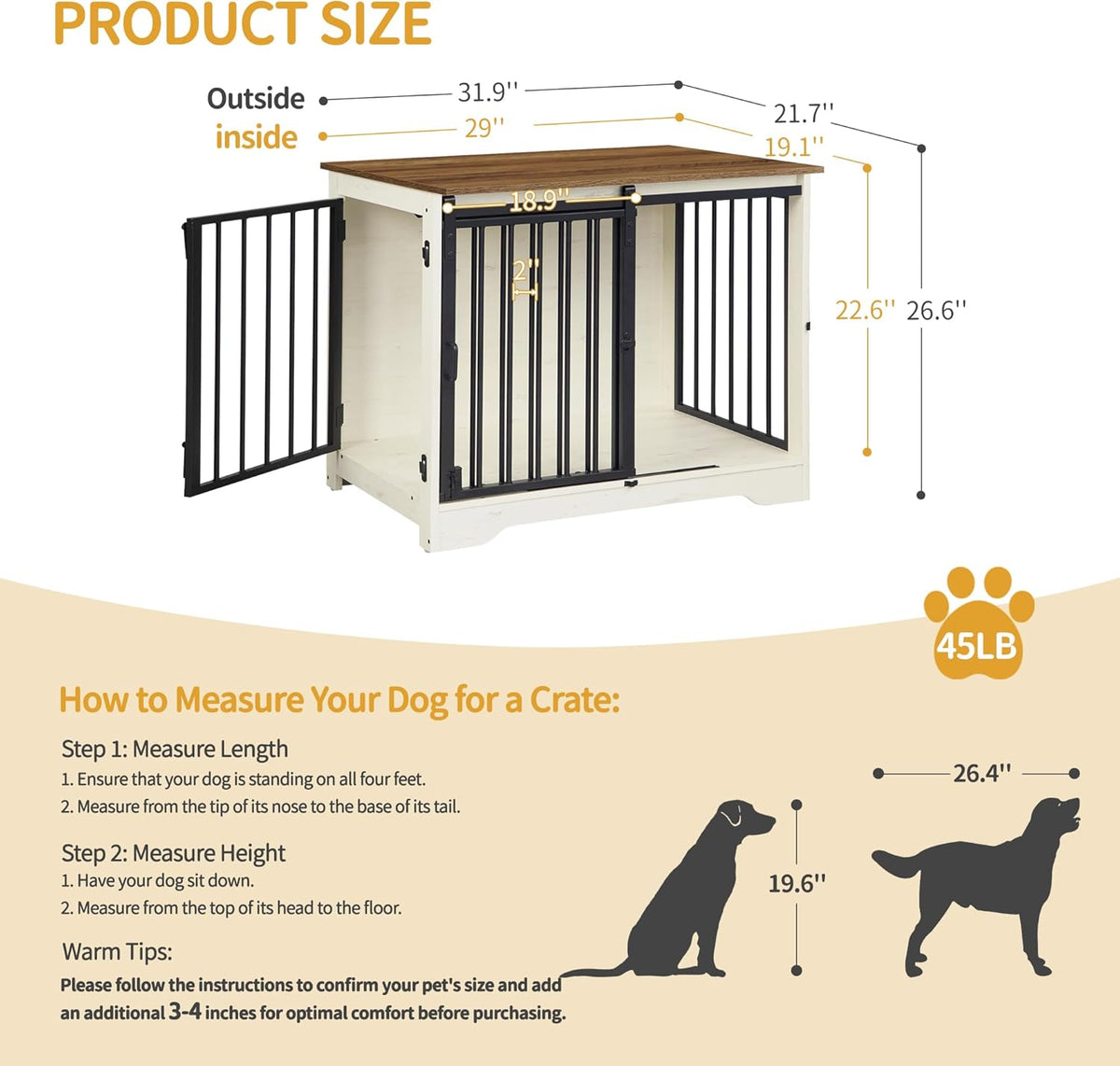 31.9" Dog Crate Furniture with Barn Door, Heavy Duty Dog Kennel Indoor with 2 Doors, Wooden Pet Cage End Table for Small Medium Dogs up to 44 lb, Anti-Chew Anti-Escape, White Brown DFC83614B