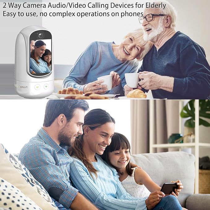 2-Way Video/Audio Security Camera Screen WiFi AI Detection Puppy/Pet/Cat/Elderly/Dog Monitor Wireless Facetime Cam Voice Phone APP Controlled Sound Video Calling Devices for Grandpa, White