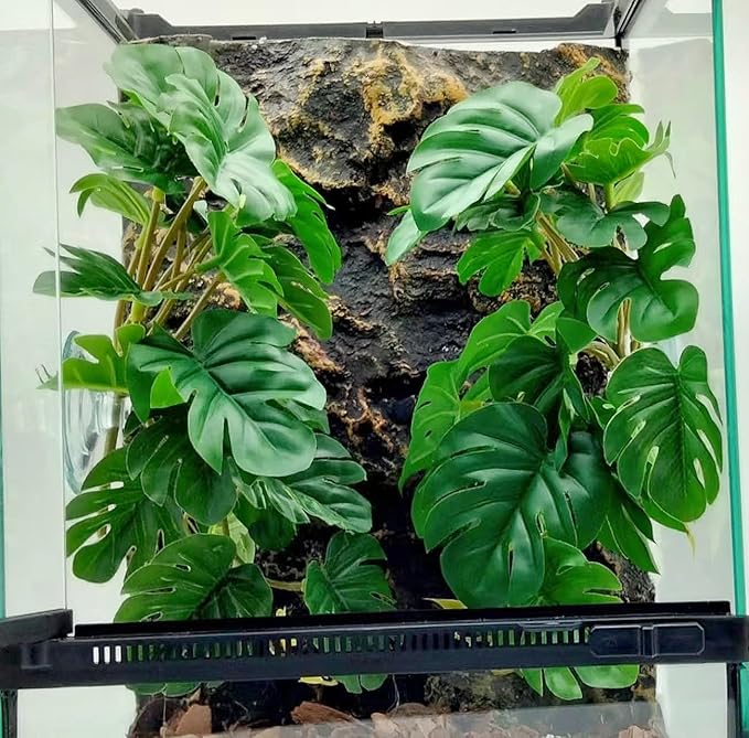 Reptile Plants for Terrarium Decor, Amphibian Habitat Decor, Snake Tank Accessories, Artificial Hanging Plants with Suction Cup-2 Packs (Fake Monstera)