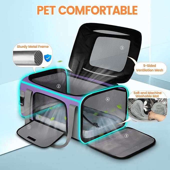 Petskd Top-Expandable Pet Carrier 19x13x9 Inches Southwest Allegiant Airlines Approved, Soft-Sided Carrier for Small Dog Under 12 lbs and Large Cat Under 15 lbs(Purple)