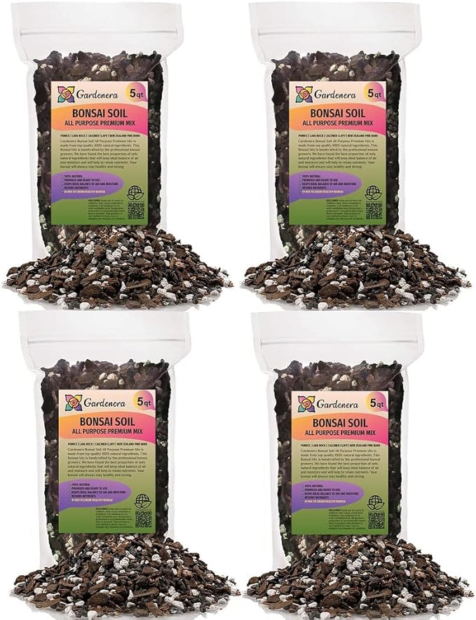 Premium Bonsai Soil All Purpose Fast Draining Mix - 20 Quart - Pumice, Lava, Calcined Clay and Pine Bark Potting Pre Mixed Bonsai Plant Soil Mixture by GARDENERA - Made in USA - (4 Bags of 5QT)