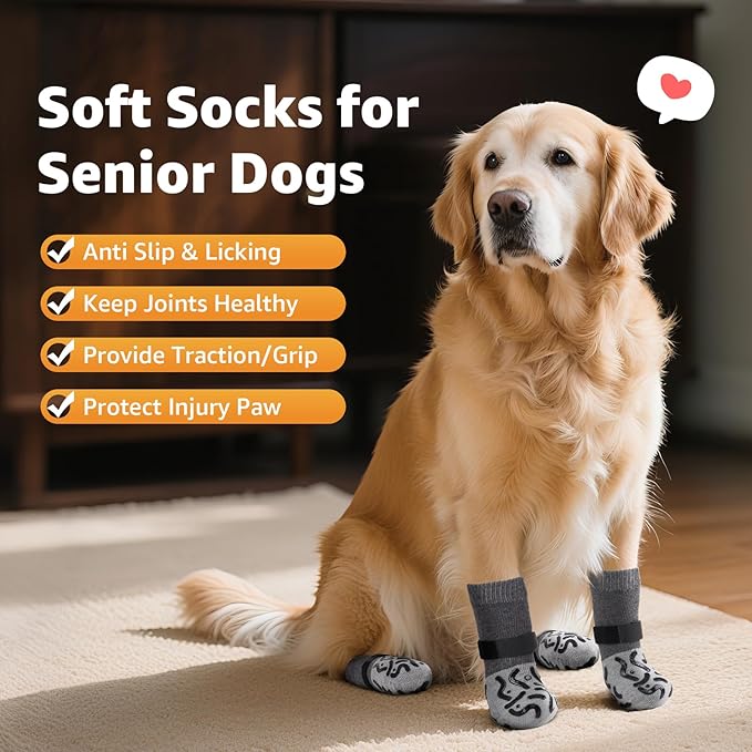 Double Sides Non-Slip Dog Socks to Prevent Licking Paws - Strong Traction for Hardwood Floors, Senior Dogs, Paw Protector, Dog Socks with Grippers - Size Medium
