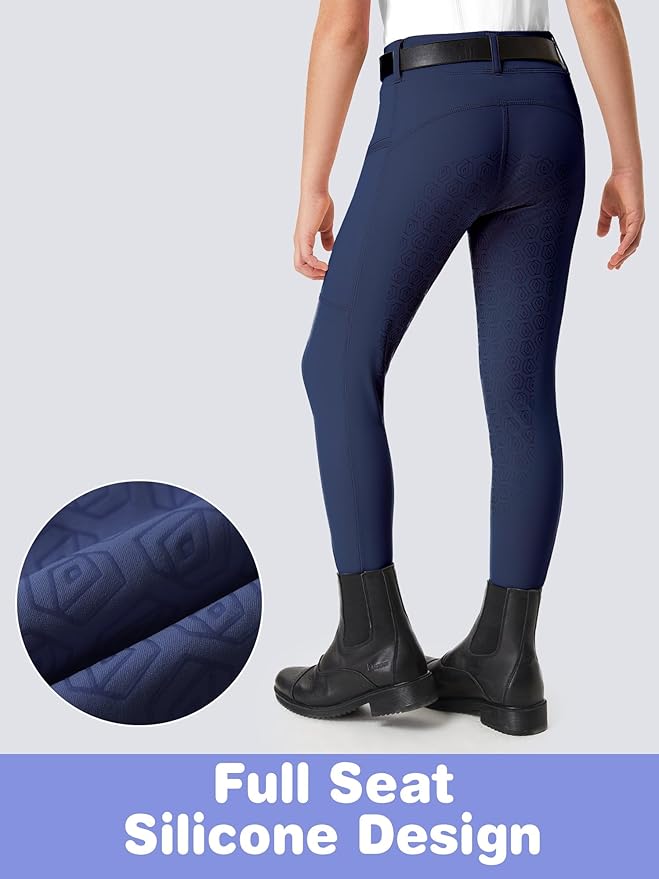 FitsT4 Sports Girls Riding Pants Full Seat Kids Equestrian Breeches Stretchy Youth Horse Schooling Tights Zipper Pockets