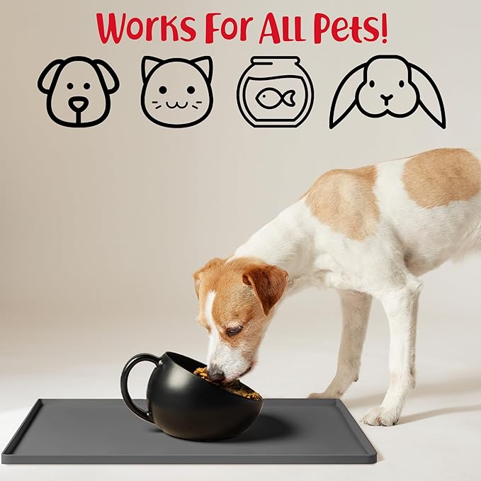 DogBuddy Dog Food Mat – Waterproof Dog Bowl Mat for Food and Water, Silicone Pet Feeding Mats for Floors, Non-Slip Placemat with High Edges for Dogs Bowls, Puppy Essentials (L: 24" x 16", Shadow)