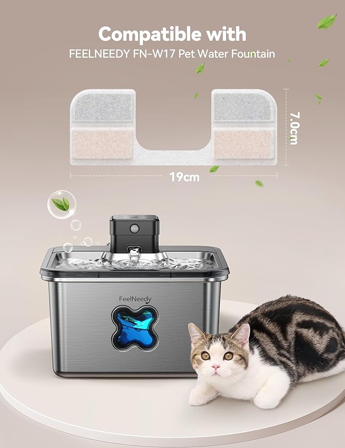6 Pack Replacement Filters + 6 Pump Sponges for Cat Water Fountain [FN-W17] - 108oz/3.2L Pet Water Fountain Filters