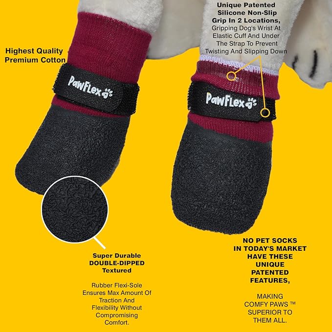 Double Dipped Thick Textured Waterproof Cotton Dog Socks | PawFlex Comfy Pawz Soft Indoor/Outdoor Pet Booties | Non-Slip Silicone Grip at Inner Wrist for No Twisting or Sliding Off| Adjustable Strap