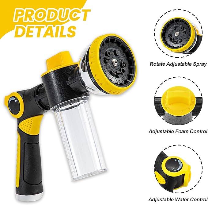 Dog Wash Hose Attachment, 10-in-1 Spray Mode Pet Shower Soap Sprayer with Grooming Comb Rubber Brush, Hose Nozzle with 100cc Soap Dispenser, for Watering, Car Wash, Dog and Horse Showering (Yellow)