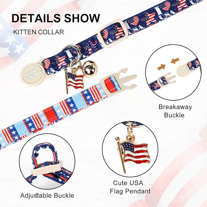 Unique Style Paws 4th of July Cat Collar,Cute Cat Collars with Love USA Pattern,Patriotic Kitten Collar with Breakaway Buckle,Ideal Gift for Boy Girl Cats