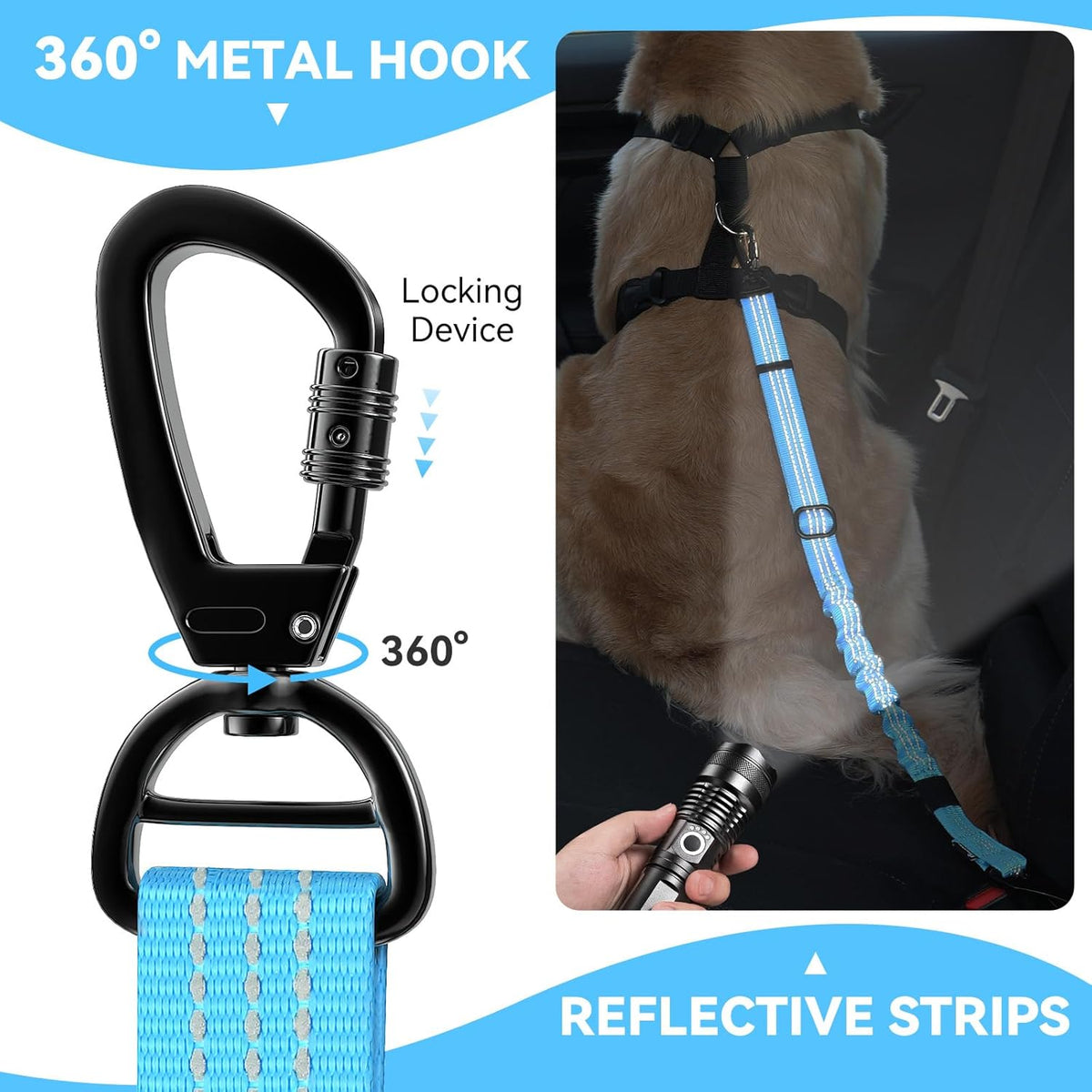 Pawaboo Dog Seatbelt for Car, 3-in-1 Dog Seat Belt Bungee, Shockproof Dogs Tether for Car with Buckle & Hook Latch, Adjustable Reflective Dogs Cars Harness Leash with 360° Lockable Buckle, Blue