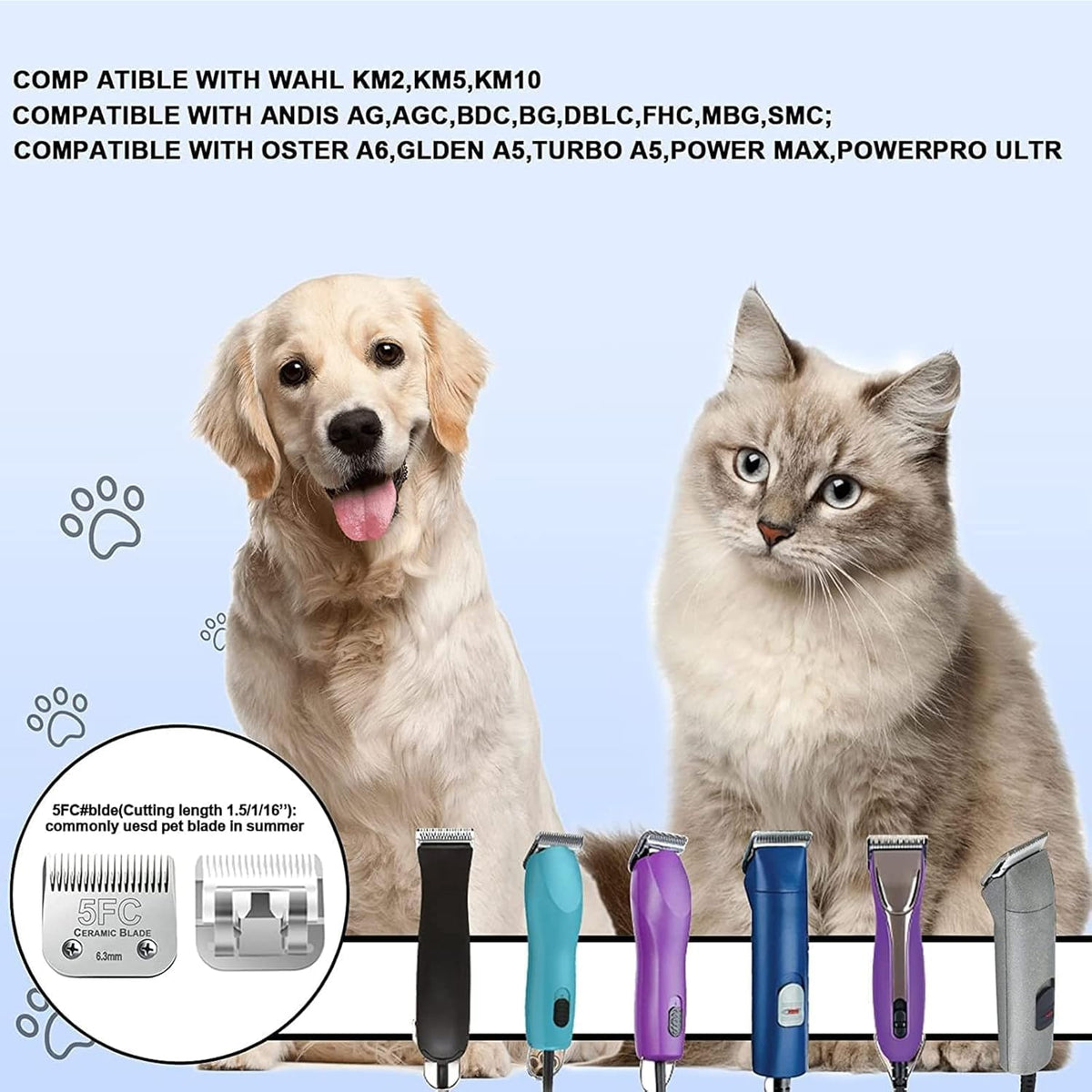2PC 5FC Blade Dog Grooming Clipper Replacement Blades Compatible with Andis Dog Clippers,Detachable Ceramic Blade & Stainless Steel Blade,Size-5 FC 1/4-Inch Cut Length (64122)