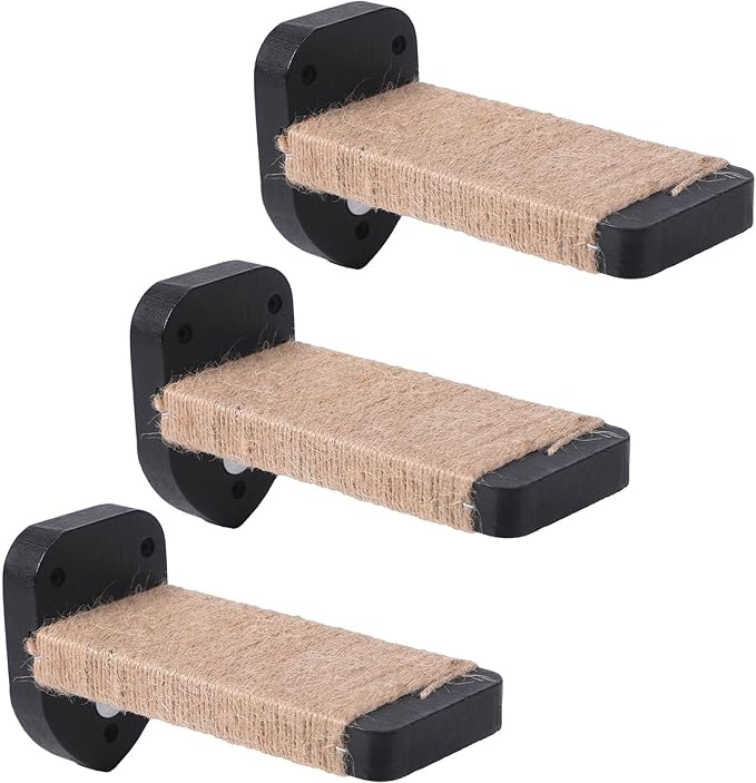 3-in-1 Cat Wall Steps - Climbing Wall Furniture & Shelves with Hemp Rope, Solid Wood Cat Ladder (Standard-Black)