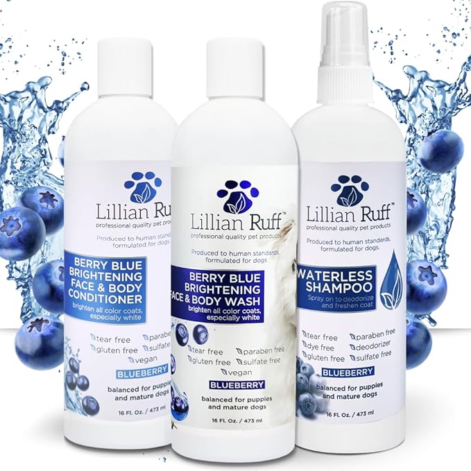 Lillian Ruff PRO Formula Berry Blue Brilliance Bundle - Ultimate Tear Stain & Odor Eliminator Set, Includes Berry Blue Shampoo, Conditioner & Waterless Shampoo, Hydrate, Soften & Detangle, USA Made