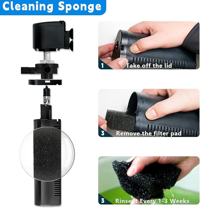 158GPH Small Aquarium Filter, UV Sterilizer for Aquarium for 10-45 Gallon Tank, Internal Pump for Turtle Betta Fish Tank Filter Silent 4-in-1 Green Killing Machine with Fish Tank Filters Deodorization