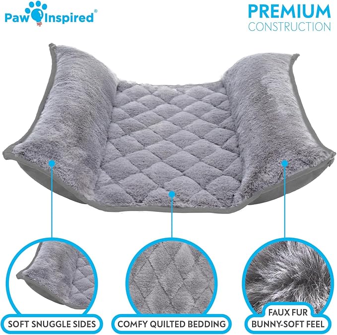 Paw Inspired Snuggle Bunny Bolster Bed for Rabbits, Cats, Dogs and Other Small Pets | Reversible Ultra-Soft Fleece Flop Bedding with Padded Sides (Gray/Faux Fur)