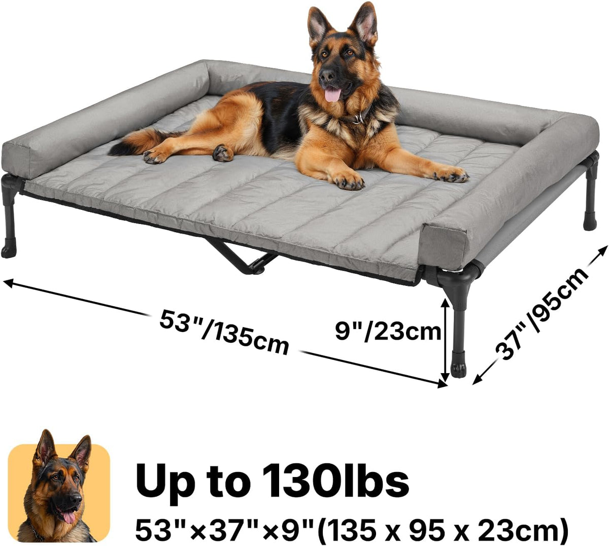 Veehoo Cooling Elevated Dog Bed Add Removable Waterproof Bolster Cushion Mat, Raised Pet Cot with Breathable Teslin Mesh, No-Slip Feet, Dog Couch Bed for Indoor Outdoor, 53 inches, Grey