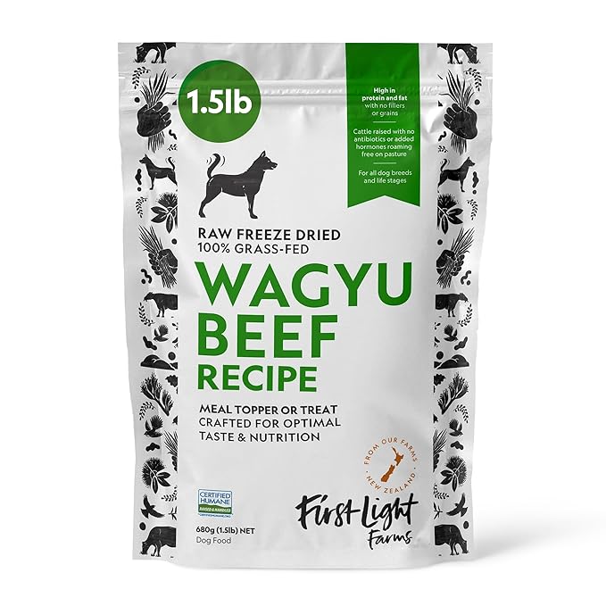 First Light Farms Freeze-Dried Dog Food Topper for Picky Eaters | High Protein Treat | Grain-Free Formula for All Breeds & Life Stages | Premium Wagyu Beef & Certified Humane | 1.5lb Bag