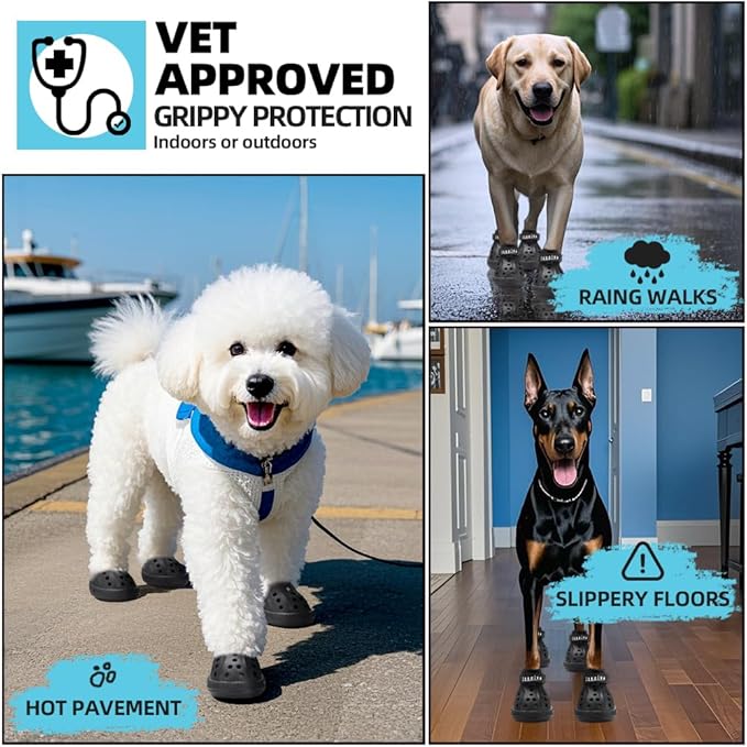 JZXOIVA Dog Shoes for Hot Pavement, Dog Booties for Medium Dogs, Breathable Dog Boots & Paw Protectors, Adjustable Non-Slip Dog Rain Booties, Waterproof Pets Sandals for Beach Black Size 5