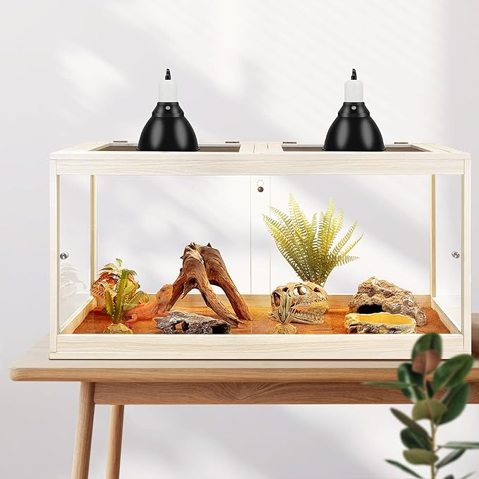 PROLEE Tempered Glass Bearded Dragon Tank,63 Gallon Reptile Tank with Meatl Mesh Roof and Front Sliding Door, Anti-Scratch Lizard Tank,Spacious Reptile Enclosure for Snakes,Lguanas, Chameleons (Oak)