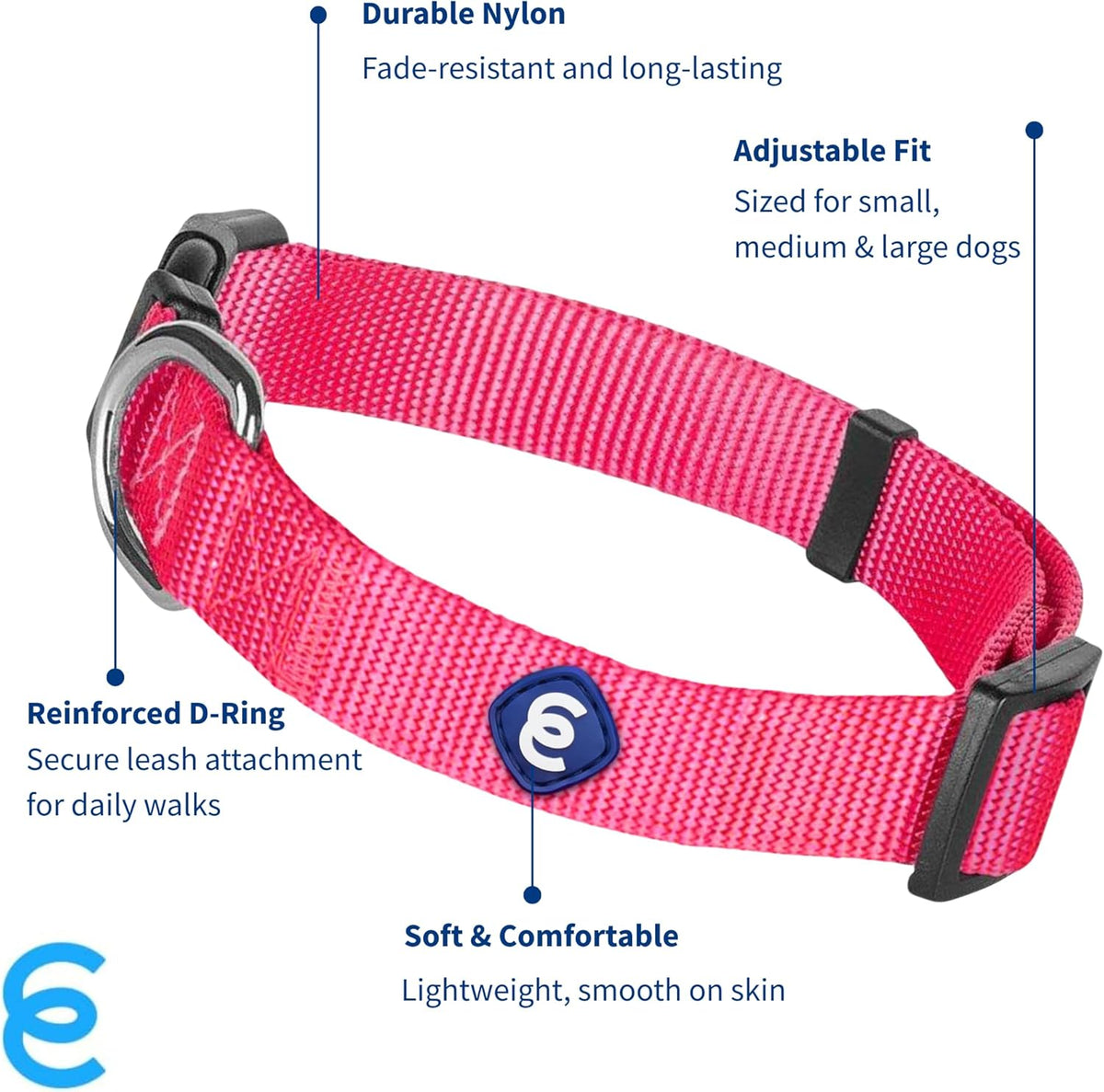Blueberry Pet Essentials Adjustable Pink Dog Collar for Large Dogs, Solid Nylon, Comfortable & Durable, Secure Fit and Eco-Friendly for Pet Owners