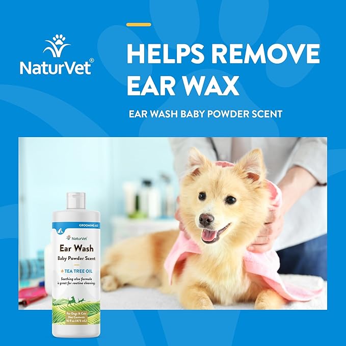 NaturVet Ear Wash Liquid Supplement for Dogs & Cats – Pet Health Supplement Cleans Dog, Cat Ear Canals – Includes Aloe, Tea Tree Oil – Helps Remove Pet Ear Wax, Dirt, Debris – 16 Oz.