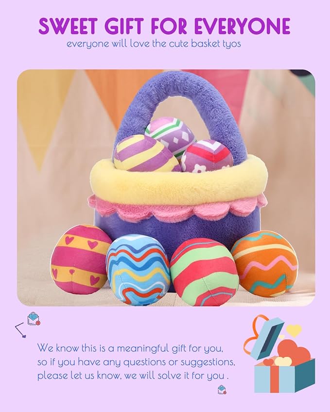 8 Piece Plush Stuffed Playset Toys with 7 Eggs, 1 Furry Bag, Soft Basket Set Sensory Toys for Girls Kids Ages 3+, Birthday Christmas Valentines Easter Party Favors Gifts
