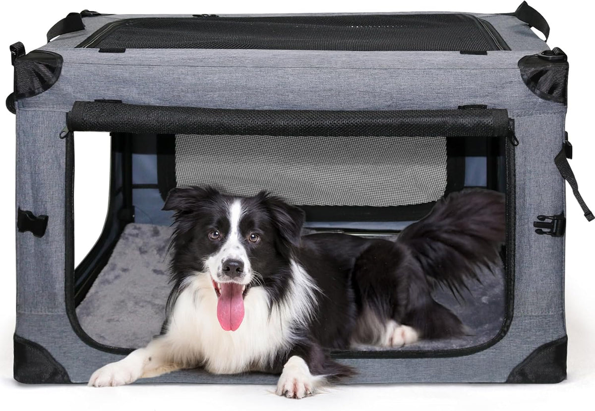 NEZUC Soft Collapsible Dog Crate - 30 Inch Portable Soft Sided Travel Dog Crates for Medium Dogs, 4-Door Foldable Dog Carrier, Pet Kennel Indoor & Outdoor (Gray, 30.0" L x 20" W x 20.0" H)