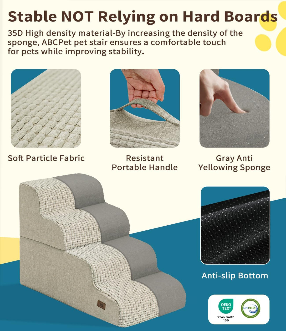 Dog Step for Bed, Dog Stair 4-Step 35D Pet Stair 19.7" H for High Bed or Sofa Non-Slip Balanced Pet Step Indoor, Beige