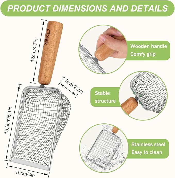 XBX Cat Litter Scoop with Holder – Metal Mesh Litter Scooper, Wooden Handle Fine Litter Scoop with Small Holes for Litter Box, Efficient Sifting and Easy Cleaning