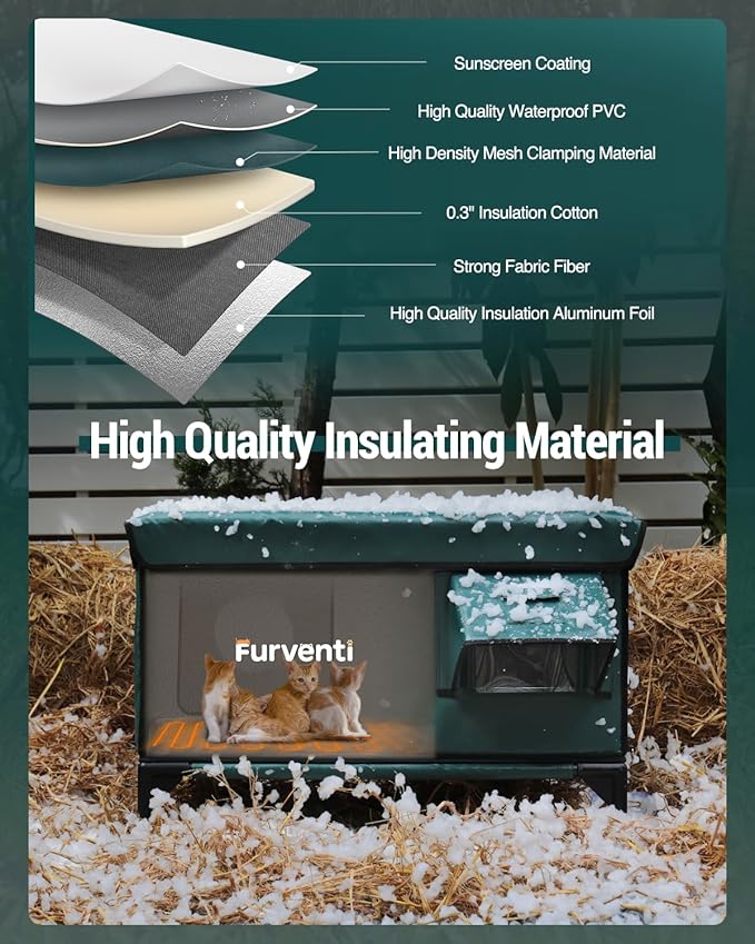 Outdoor Heated Cat House in Winter,Extremely Insulated & Weatherproof,Elevated Feral Cat Shelter with Waterproof Eaves & Escape Door for Outside Stray Barn Cat (Dark Green, XL)