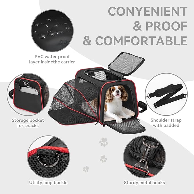 Petsfit Expandable Cat Carrier Dog Carriers,Airline Approved Soft-Sided Portable Pet Travel Washable Carrier for Kittens,Puppies,Removable Soft Plush mat and Pockets,Locking Safety Zippers