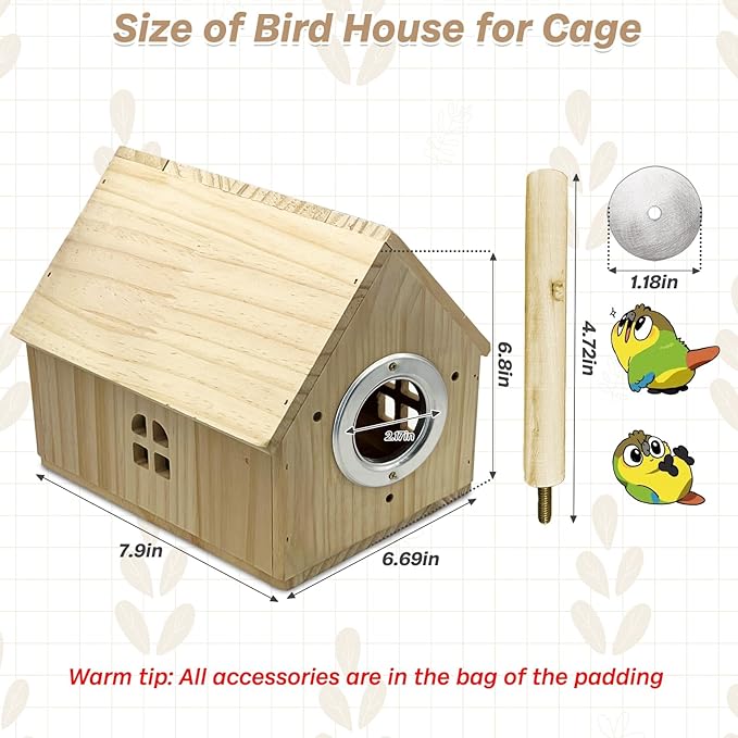 PINVNBY Parakeet Nesting Box Wooden Bird House for Cage Parrot Breeding Mating Box for Lovebirds CockatielFinch Cockatoo Canary and Small and Medium-Sized Birds (L: 7.91 * 6.81 * 6.69 inch)