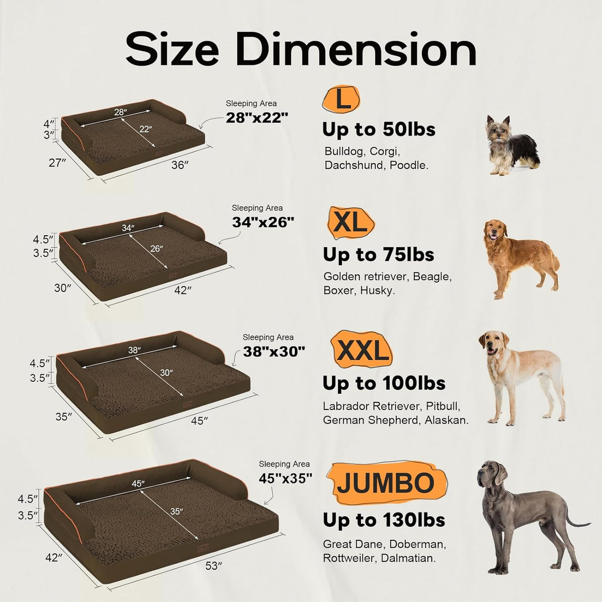 Large Dog Bed Orthopedic Washable - Memory Foam Couch Sofa - XXL Large Big Dogs - Beds Bolster Pet - Waterproof with Removable Cover - Coffee Dog Bed