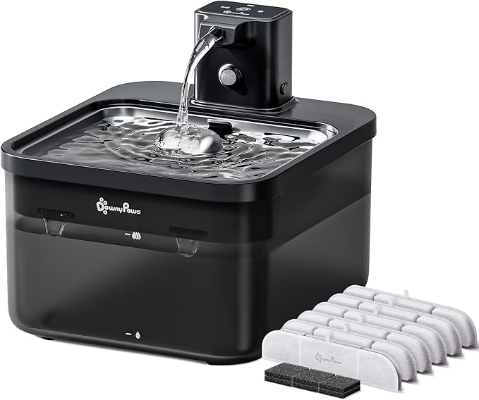 DownyPaws Cat Water Fountain Stainless Steel Cordless, 84oz/2.5L Fursink Wireless Pet Water Fountains for Cats Indoor, Battery Operated Cat Drinking Fountain, BPA-Free, Black with 6 Filters