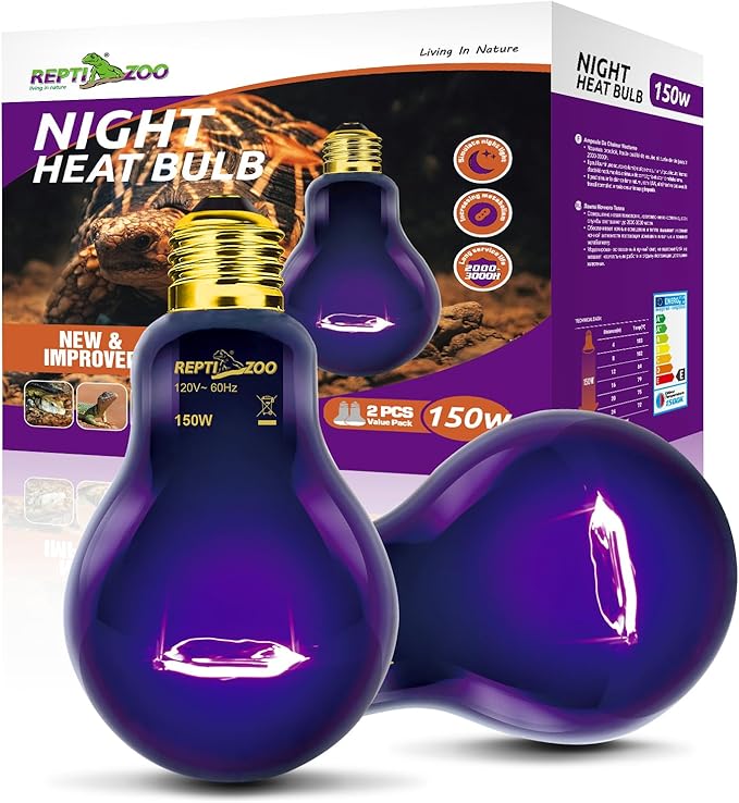 REPTI ZOO 2PCS Reptile Heat Lamp, 150W Night Heat Bulb Moonlight Bulb Purple Infrared Heating Lamp Simulate Natural Moonlight Night Heat Bulb for Reptile Amphibian