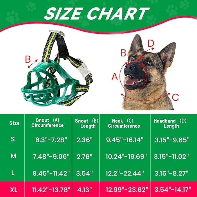 Dog Muzzle, Basket Muzzle for Small Medium Large Dogs, Anti-Biting and Chewing, Lightweight & Sturdy Cage Design, Allows Panting & Drinking, Ideal for Grooming & Training(Green Size XL)