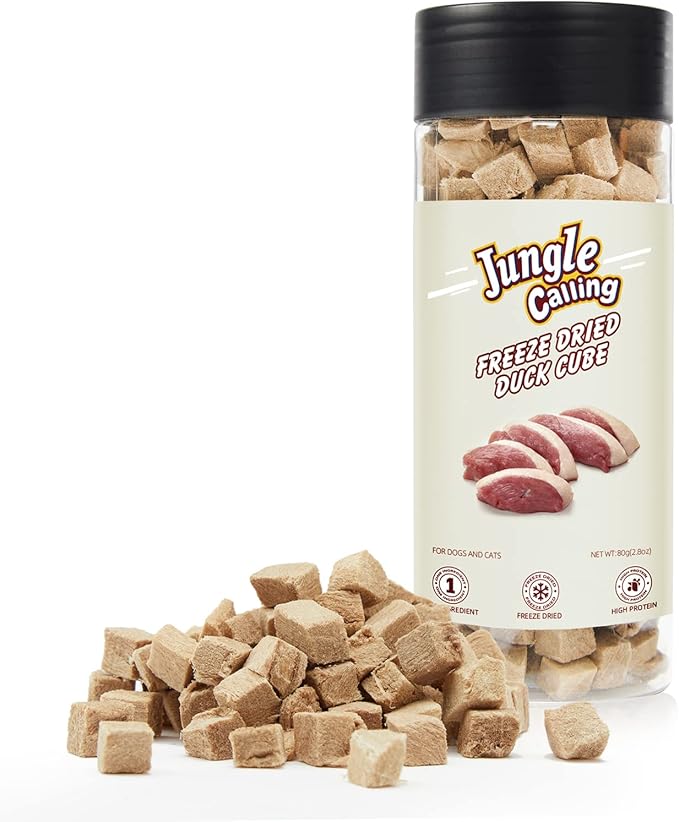 Jungle Calling Freeze Dried Duck Dog & Cat Treats - High Protein, Low Fat, Made with a Single Ingredient - Perfect for Training and Snacking, 2.8 oz (Duck Cube)