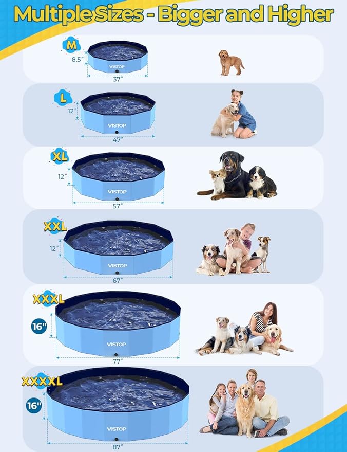 VISTOP Jumbo Foldable Dog Pool, Hard Plastic Shell Portable Swimming Pool for Dogs Cats and Kids Pet Puppy Bathing Tub Collapsible Kiddie Pool (97inch.D x 15.7inch.H, Blue)