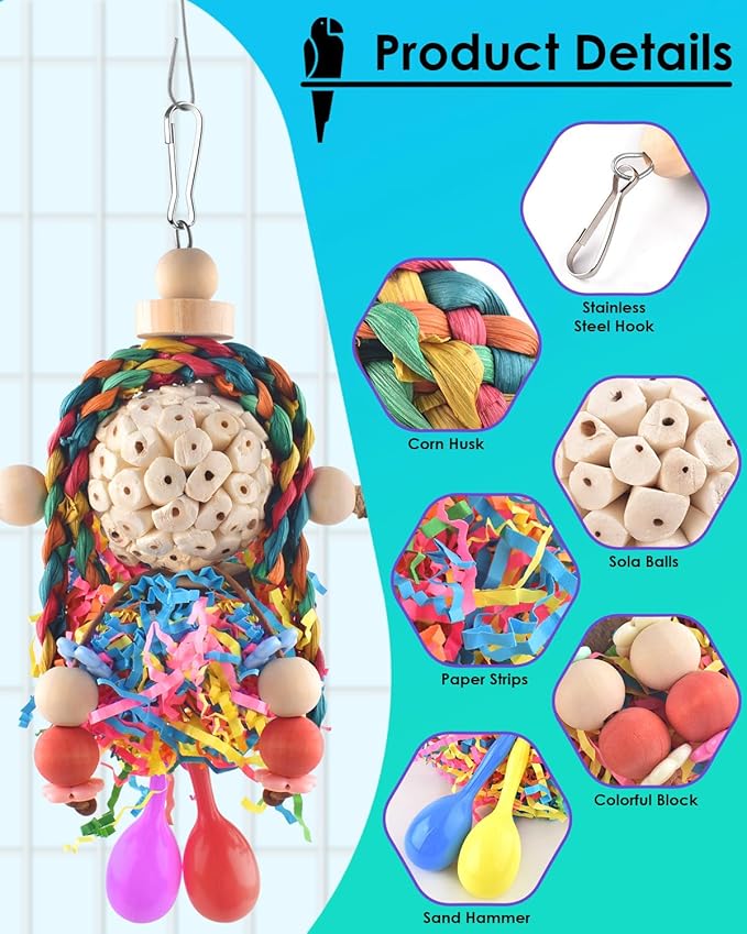 Bissap Conure Toys, 2PCS Bird Parrot Foraging Shredder Hanging Toys Sola Balls with Sand Hammer for Small Parrots Parakeets Conures Cockatiels Love Birds Cage Toy