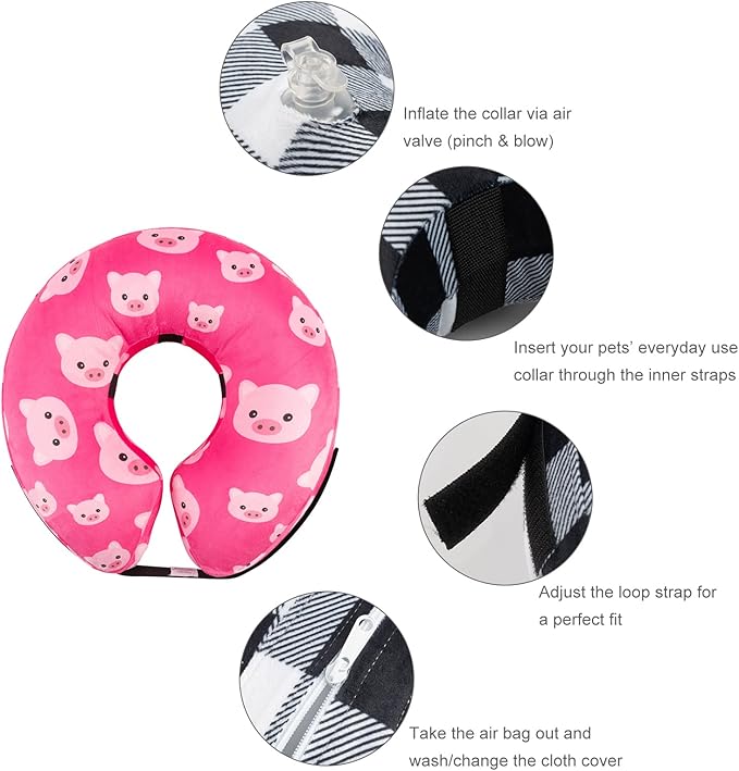 CuteBone Inflatable Dog Cone with Removable Soft Fleece Covers for Small/Medium/Large Dogs and Cats Neck Donut Collar After Surgery GWB01L