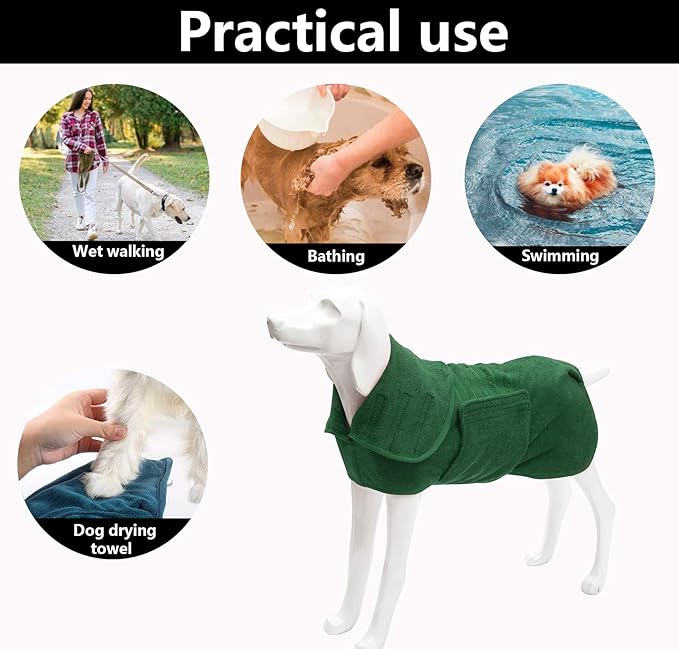 Geyecete Dog Drying Coat - Super Absorbent Pet Dog Cat Bath Robe Towel, Microfibre Fast Drying Towel, Luxuriously Soft - Green - L